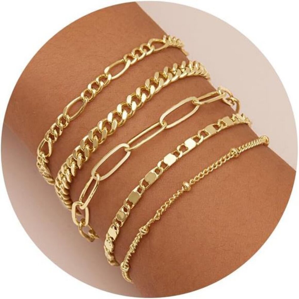 Gold Bracelets Set for Women 14K Real Gold Plated Dainty Gold Link Chain